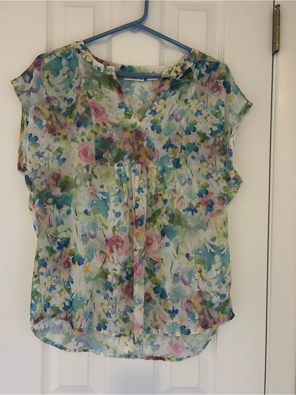 Liz Claiborne Sheer Floral V-Neck Blouse in Multicolor Pastels